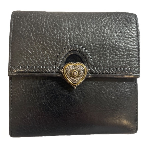 Brighton Black Pebbled Leather Wallet Heart Snap Hardware Square Multi Pocket - Picture 1 of 11